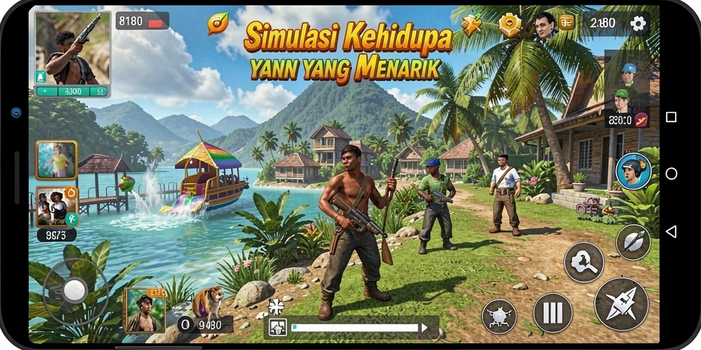 Screenshot permainan 8180 yang menunjukkan interaksi karakter dan lingkungan.