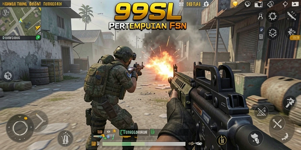 Screenshot utama 99SL menampilkan aksi mendebarkan dalam pertempuran FPS.