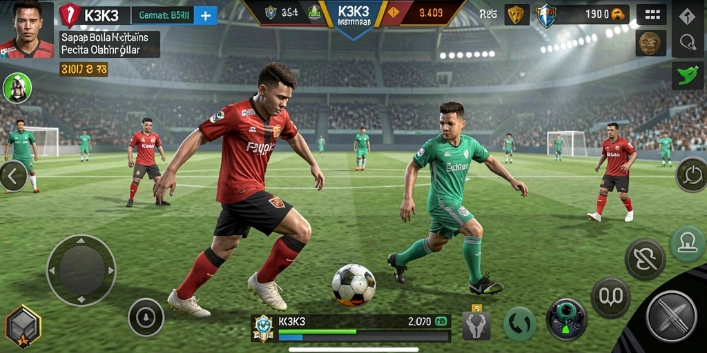 Tampilan gameplay K3K3 dengan aksi sepak bola yang mendebarkan.