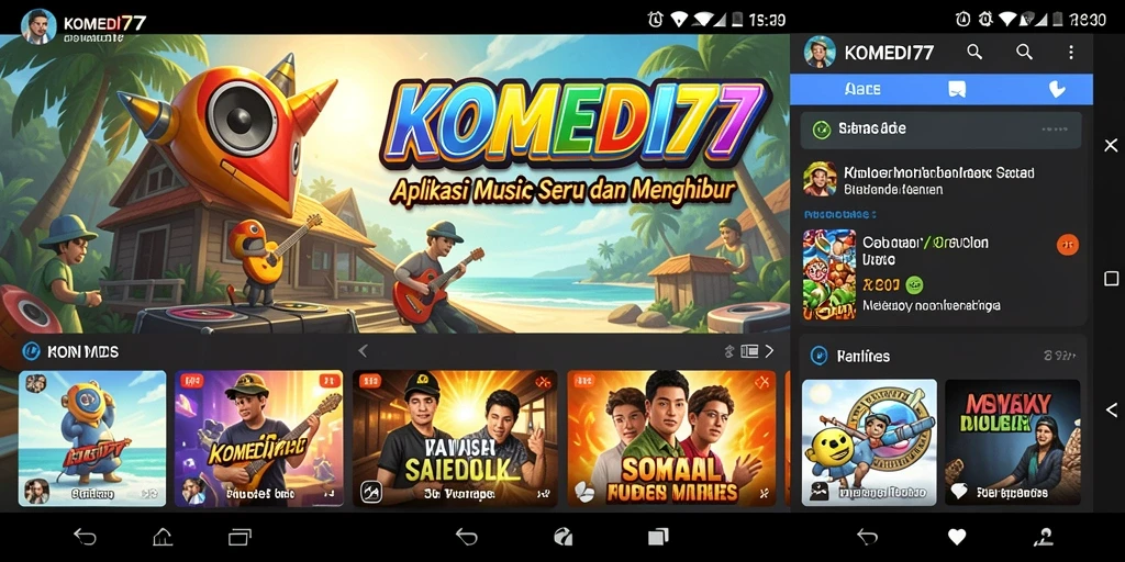 Screenshot utama menampilkan gameplay seru dari KOMEDI77 dengan alat musik virtual.