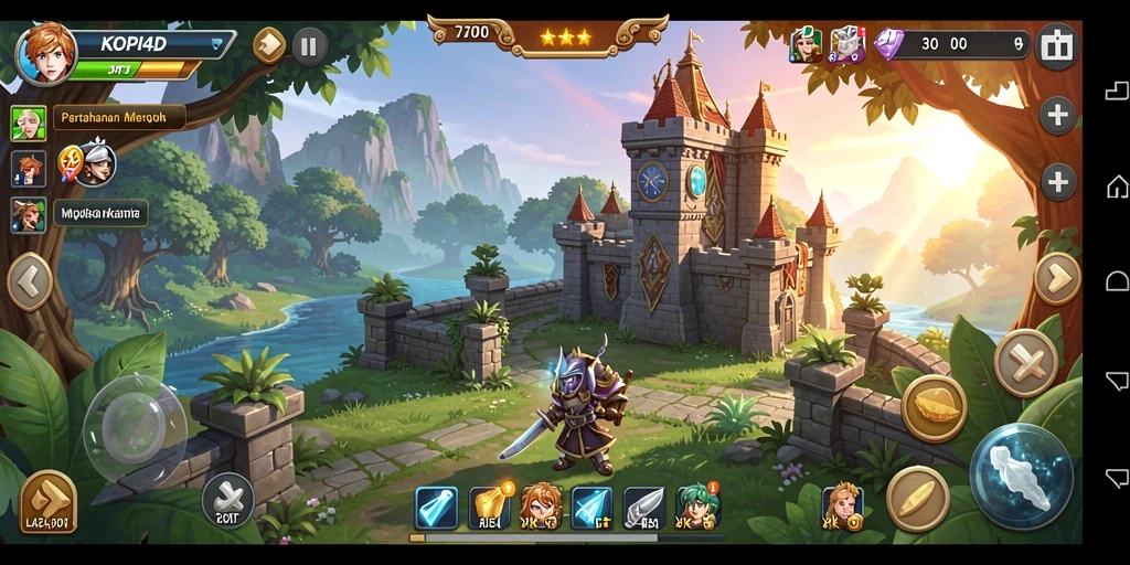 Screenshot gameplay KOPI4D menampilkan menara yang berfungsi dan musuh yang menyerang.