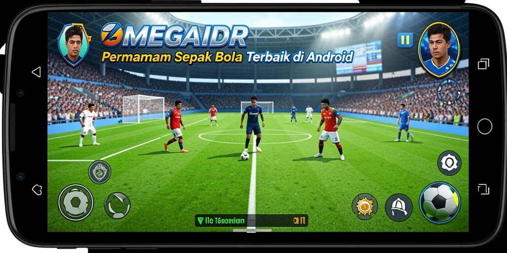 Screenshot gameplay MEGAIDR menampilkan aksi sepak bola yang mendebarkan.