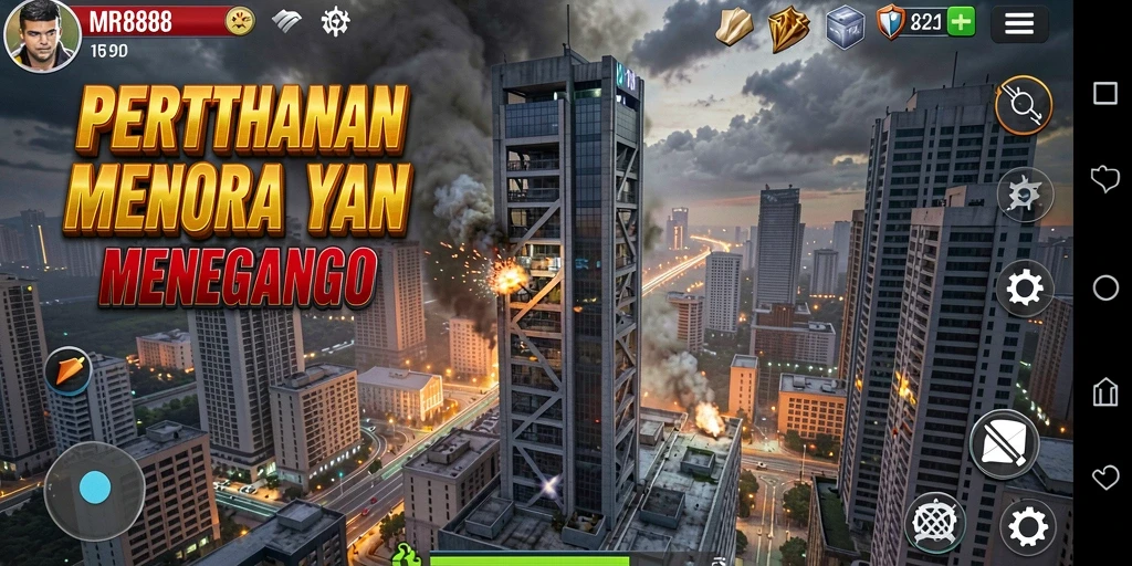 Tampilan gameplay MR888 yang intens dan strategis di genre Tower Defense.