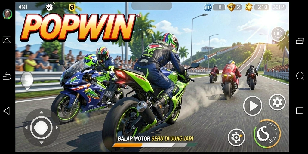 Screenshot utama POPWIN menampilkan balapan motor yang penuh aksi.