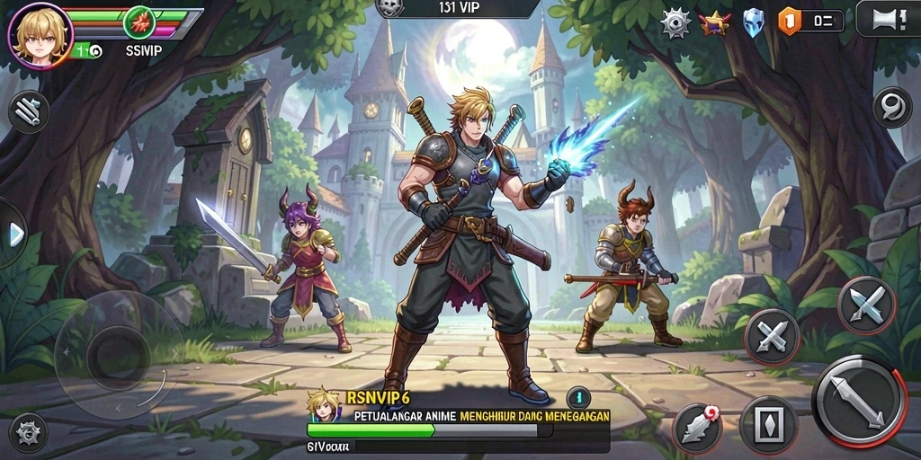 Tangkapan layar gameplay RSNVIP6 yang menampilkan pertarungan epik karakter Anime.