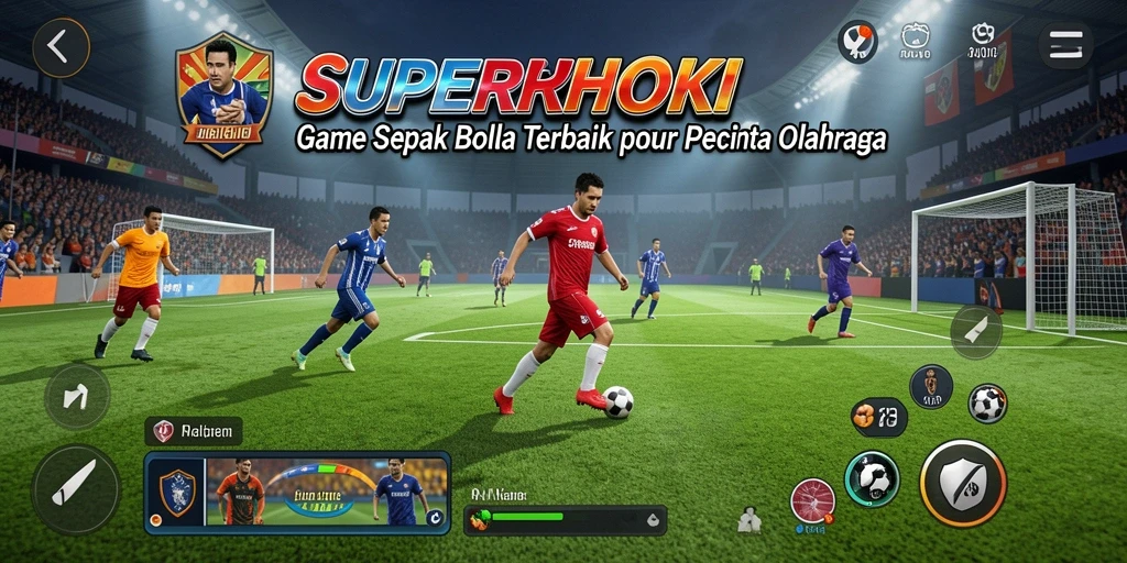 Screenshot utama SUPERHOKI menampilkan aksi seru pertandingan sepak bola.